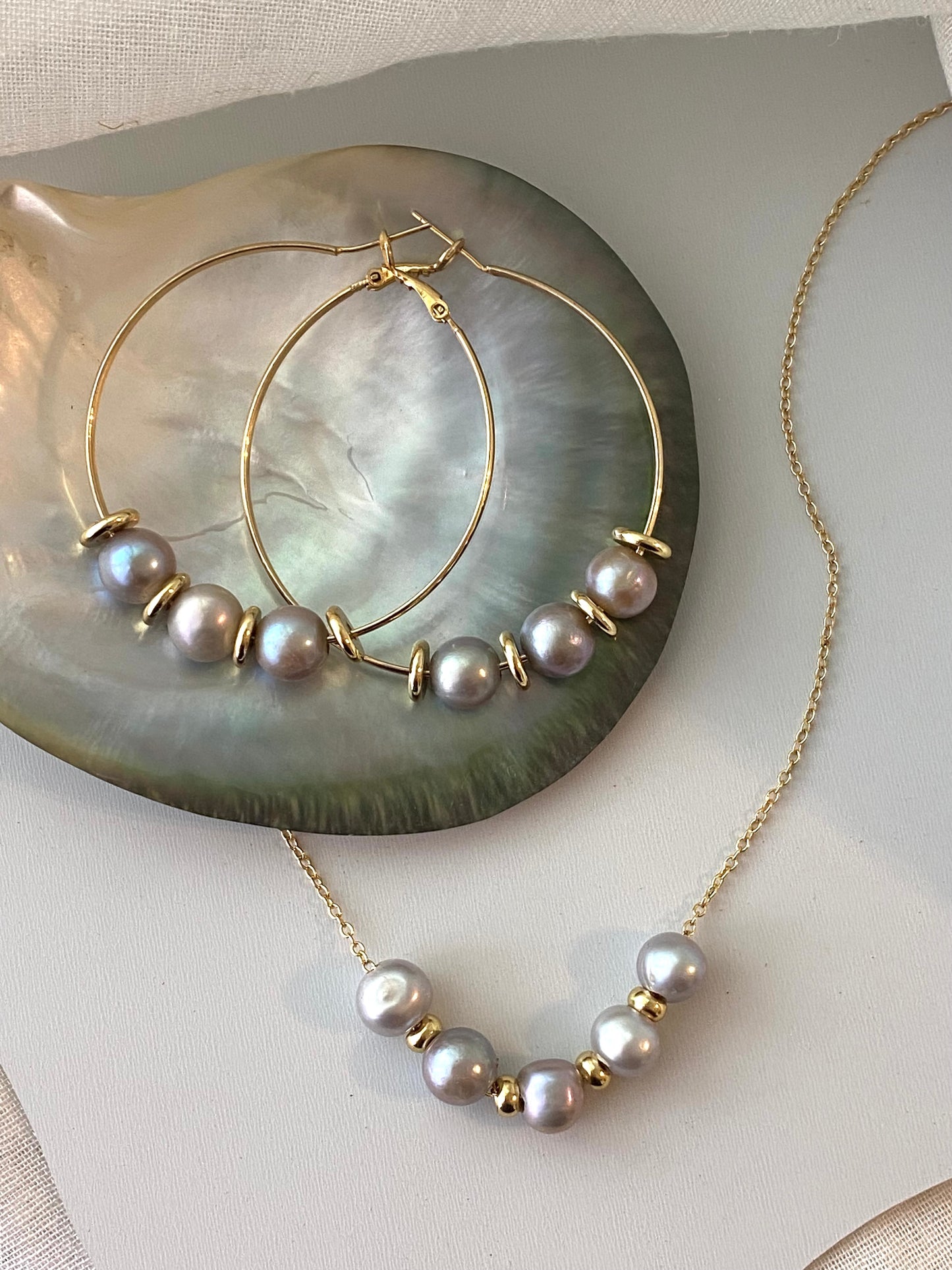 Floating Hoops- Grey Pearls