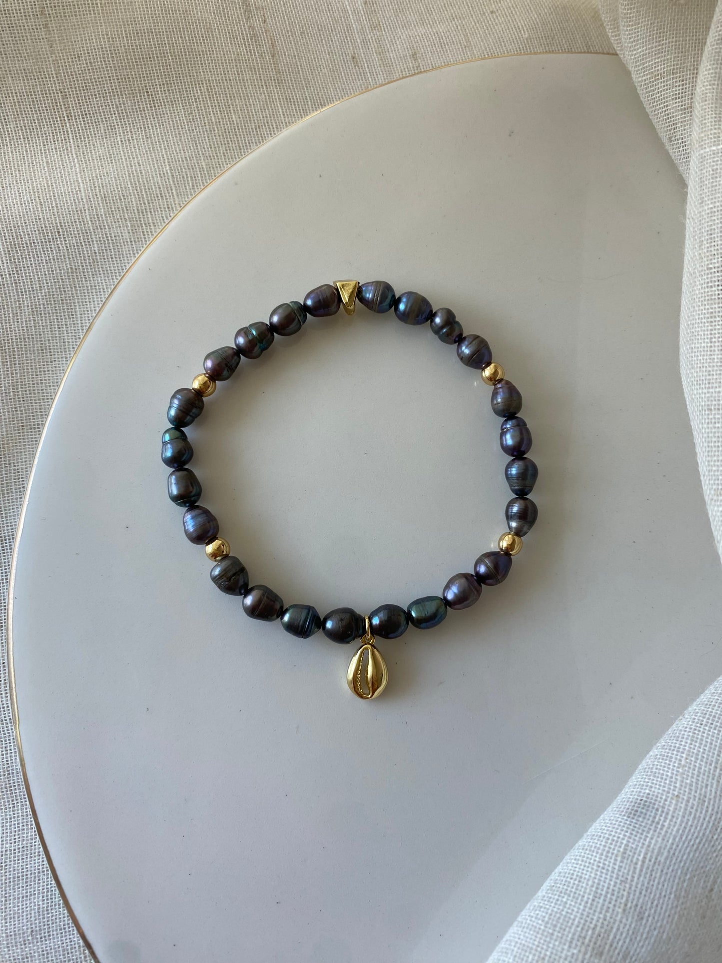 Eternity Bracelet- Cowrie Charm & Peacock Pearls