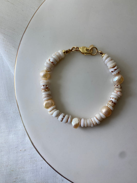 Hapa Bracelet- Striped Puka & Peachy Pearls